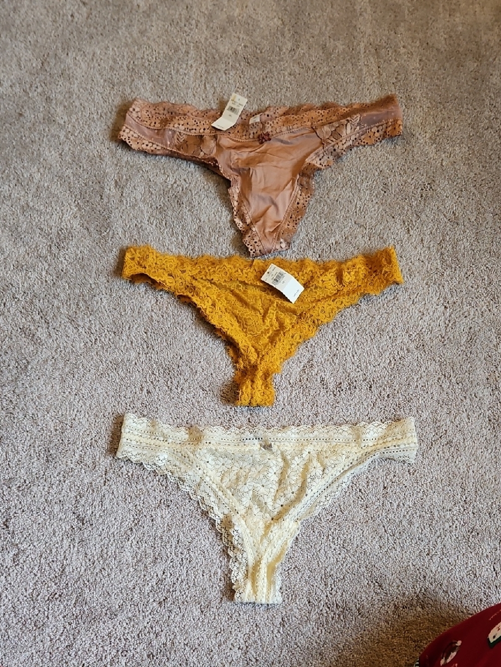 aerie Lace Thong Set in Blush, Mustard & Cream